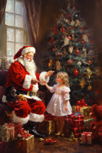 Santa Claus with children living room with Christmas tree and gifts, oil painting,