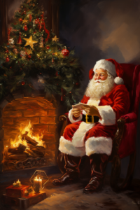 a santa claus is sitting in the living room by the fireplace with a christmas tree and presents, oil painting,