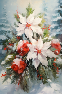 beautiful christmas flowers with fir branches, light background with some snow, oil painting,