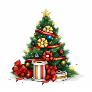 A Christmas tree clip art, on white background,Movie-themed tree with film reels