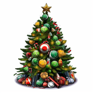 A Christmas tree clip art, on white background,Sports-themed tree with equipment ornaments