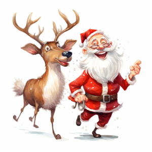 funny, humor, illustration colored drawing clip art, cartoon, Santa and reindeer, white background