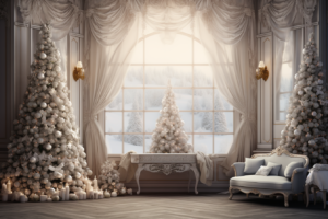 ultra-realistic, beautifully decorated Christmas room digital backdrop, white color palette, bright and airy lighting,