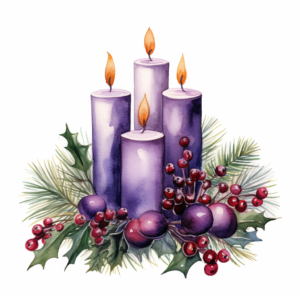 A candlelit advent wreath with four candles. watercolor on white background