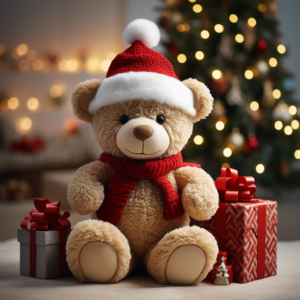 pixar disney style high detail : : full size christmas tree with garland on white background : : white beautiful cute teddy bear in red knitted hat : : gift box with bow ar 16:9