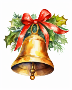 a beautiful watercolor clipart image of a gorgeous Christmas bell. Isolated on a white background, clip art, no text.