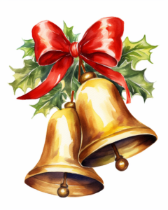 a beautiful watercolor clipart image of a gorgeous Christmas bell. Isolated on a white background, clip art, no text.