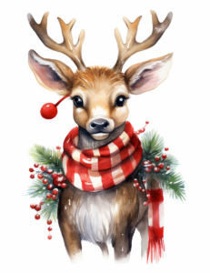 a beautiful watercolor clipart image of a reindeer dressed in Christmas clothing. Isolated on a white background, clip art, no text.