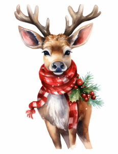 a beautiful watercolor clipart image of a reindeer dressed in Christmas clothing. Isolated on a white background, clip art, no text.