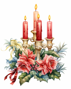 a beautiful watercolor clipart image of an elaborate Christmas candle centrepiece. Isolated on a white background, clip art, no text.
