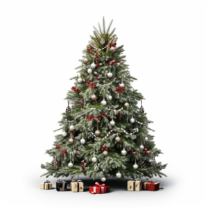 create a realistic looking Norwegian spruce tree decorated for Christmas with colored lights and ornaments and ribbons. Place it on a white background.