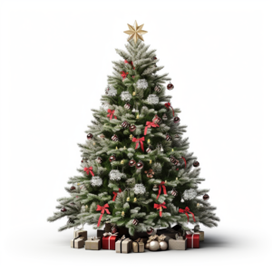 create a realistic looking Norwegian spruce tree decorated for Christmas with colored lights and ornaments and ribbons. Place it on a white background.