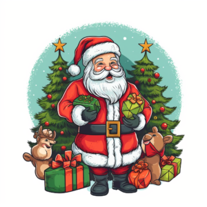 vector illustration, black line art, cartoon, Santa Claus, Christmas tree, gift box, reindeer, snow man white background to remove