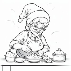 easy sketch, fresh sketch, Mrs. Claus baking cookies, coloring book, Cartoon style, sketch thin line, clean Line art, black and white