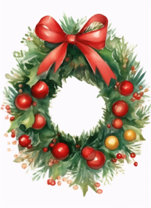 watercolor, impressionist, christmas wreath, bushy green with red and gold ball ornaments, no ribbon, no outlines