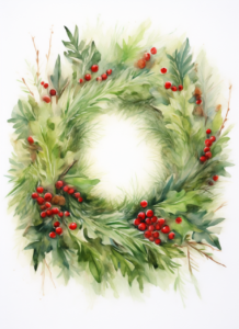 watercolor, impressionist, christmas wreath, full foliage, no outlines