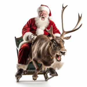 Full length shot of Santa Claus is riding on a deer sleigh isolated on white background