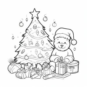 , coloring, book, black and white Christmas themed. Cute for kids. christmas tree decorated presents and santa claus cookies and milk on a table