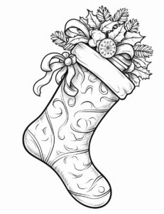 childrens coloring book, clip art outline of a christmas stocking filled with toys, simple clip art, very low detailed, thick black outlines only no color