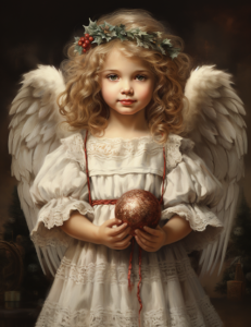 illustration of an insanely beautiful and super cute angel in Christmas with beautiful wings ,wearing a Christmas inspired outfit , checkered,whole body, vintage style, old color, Cicely Mary Barker style, oil painting style, outfit with christmas decor, illustrations that were commonly seen in the 50s, low detail,