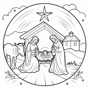Text for Coloring Page: The Birth of Jesus Draw a simple stable in the center of the page with Mary holding baby Jesus and Joseph by her side. Include a cow, a sheep, and a donkey nearby. Above, depict a bright star illuminating the stable. In the distance, show the town of Bethlehem with houses and people. Three wise men on camels can approach from one side, carrying gifts. On another corner, draw shepherds and sheep, with an angel above announcing Jesus' birth. Leave space for coloring and let kids use their imagination. Use clear lines for easy coloring. Enjoy coloring and creating!