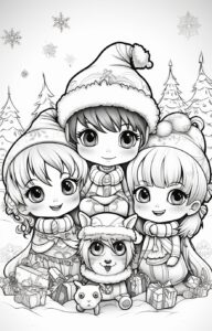 Chibi Christmas celebrations, coloring page, black and white,