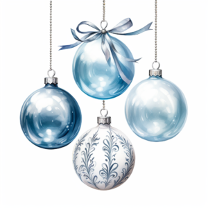 a group of 3 different shaped christmas ornaments arranged on a white background, in the style of hyperrealistic illustrations, light blue silver and white, john wilhelm, zbrush, suspended/hanging, simple, colorful illustrations, watercolor