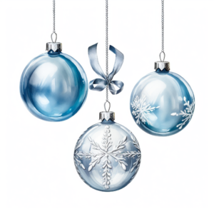 a group of 3 different shaped christmas ornaments arranged on a white background, in the style of hyperrealistic illustrations, light blue silver and white, john wilhelm, zbrush, suspended/hanging, simple, colorful illustrations, watercolor