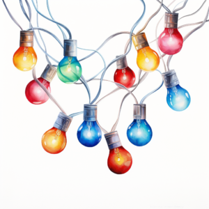 string of colorful christmas lights, watercolor, hyperealistic, clean white background
