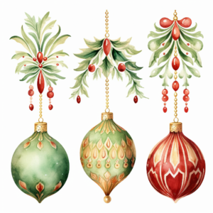 watercolor clipart of Christmas decoration, vintage red green gold colors, isolated on white background