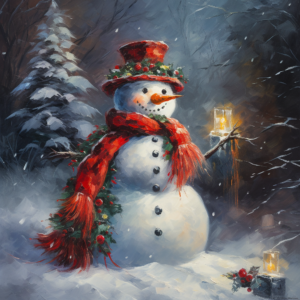 red scarf snowman under christmas tree