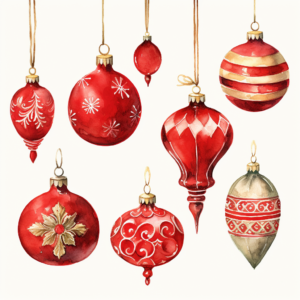 Depict vintage red Christmas ornaments exuding nostalgic charm in watercolor. Experiment with antique designs, weathered textures, and a touch of sentimental appeal to capture the vintage and timeless quality of red Christmas ornaments with nostalgic charm in watercolor.