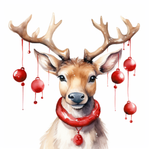 Illustrate watercolor reindeer with bright red noses and jingle bell necklaces, ready to guide Santa's sleigh, single object clipart on white background