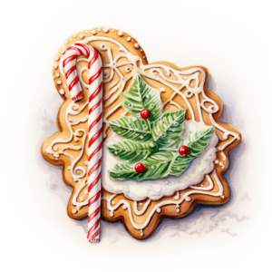 royal icing cookie with christmas cane, watercolor, white background