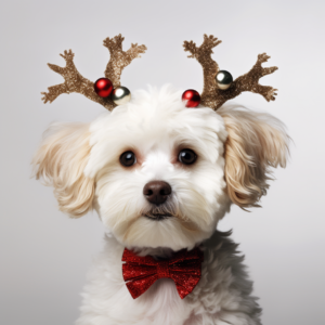 a cute Bichon dog wearing reindeer horns, portrait, white background