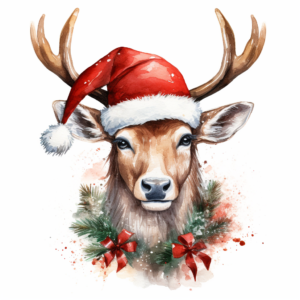 reindeer's head christmas, horn decorated with gifts christmas, santa's hat, red scarf christmas, Wild deer head portrait, white background