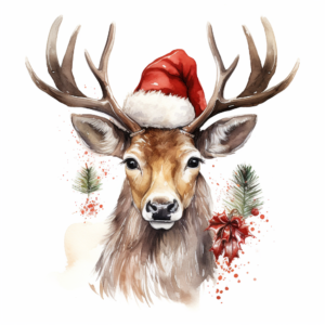 reindeer's head christmas, horn decorated with gifts christmas, santa's hat, Wild deer head portrait, white background