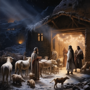 shepherds approaching the stable where jesus was born at night with curiosity.