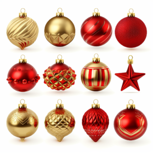 3d render, collection of assorted Christmas ornaments, festive clip art isolated on white background. Set of design elements