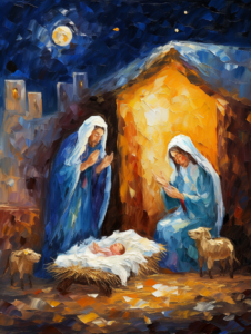 The Nativity in a Starry Night style painting Oil painting Palette knife impasto
