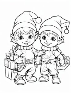 coloring pages for kids, Santa's elves making toys, cartoon style, thick lines, low detail, black and white, no shading,