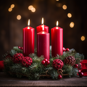 four red Pillar candles in a Advent wreath, the wreath is in focus on the table, the atmosphere of Advent