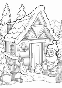 coloring page, Santa's Cottage: Santa's workshop, where elves work and prepare gifts for children, clean thick lines, white background,