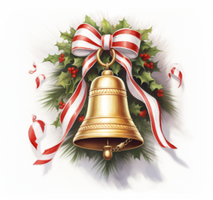 a christmas card featuring a jolly bell in a stripe, in the style of mbole art, ad posters, white and red, jane small, joyful chaos, angelcore, simple and elegant style