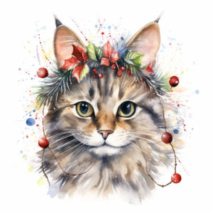 whimsical design of a cat wearing christmas antlers and wrapped in christmas lights, on a whit ebackground, in watercolour style