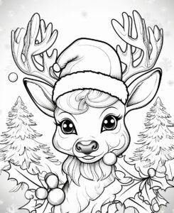 kids coloring page, rudolph the red nose raindeer, cartoon style, thick lines, low detail, no color, black and white,