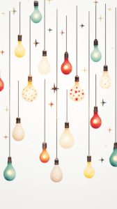 simple illustrated Christmas lights of pastel green and reds on white backdrop