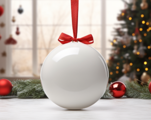 white flat round ceramc hanging ornament with red ribbon on a bright christmas background, mockup
