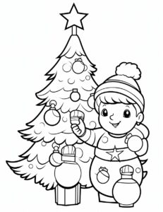 Generate an image of a "Create an image of the little snowman decorating a Christmas tree with colorful ornaments. " children coloring page, kids coloring page, line art, chibi, cartoon, full background fillup with design, black& white, white background