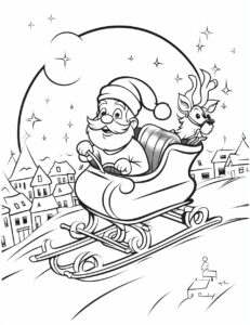 [christmas cartoon image for kids santa driving his sleigh in front of a full moon], vector monochrome lineart for coloring book, clean clear line, coloring page style detailed illustration, white background::1